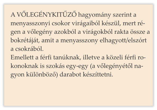 A VLEGNYKITZ hagyomny szerint a menyasszonyi csokor virgaibl kszl, mert r- gen a vlegny azokbl a virgokbl rakta ssze a bokrtjt, amit a menyasszony elhagyott/elszrt a csokrbl. Emellett a frfi tanknak, illetve a kzeli frfi ro- konoknak is szoks egy-egy (a vlegnytl na- gyon klnbz) darabot kszttetni.