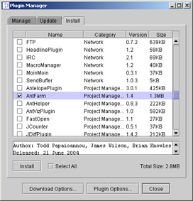 Click To expand: This figure shows the available plug ins for jEdit. You can install the Ant Farm plug in from the list.