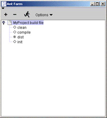 Click To expand: This figure shows the Ant Farm window that contains the buildfile. You can add or remove the buildfile using the plus and minus buttons below the Title bar. 