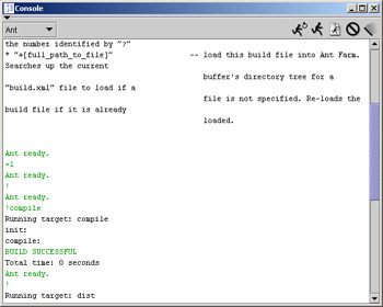 Click To expand: This figure shows the Console window displaying the build output and the various targets of the build. The BUILD SUCCESSFUL message indicates that the build is successful.