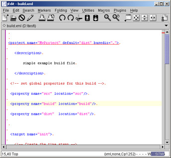 Click To expand: This figure shows the contents of the build.xml file. The <description> tag describes the project. The <property> tag defines the properties of the build.