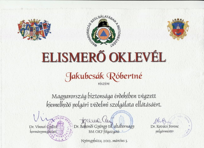 Jakubcsák Róbertné katasztrófavédelmi oklevél