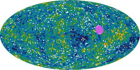 1. ábra: A galaxisok mozgása az univerzumban a rózsaszínű folt irányába.