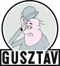 Gusztáv egy rajzolt körben állva megemeli szürke kalapját