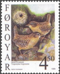Winter Wren (Troglodytes troglodytes)Stamp FR 345 of Postverk Froya, Faroe IslandsIssued: 22 February 1999Artist: Astrid Andreasen