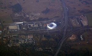 Aerial photo of Allianz Arena with surrounding area just before construction was complete (January 2005)