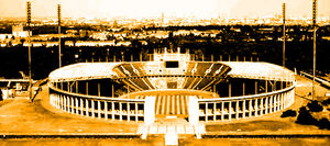 Olympiastadion from the Bell Tower (Glockenturm) before the renovation, with its noticeable burying in the land.