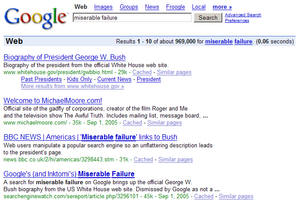 The webpage that shows the results of a search for Miserable failure