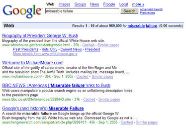 The Google Page that shows the results of miserable failure