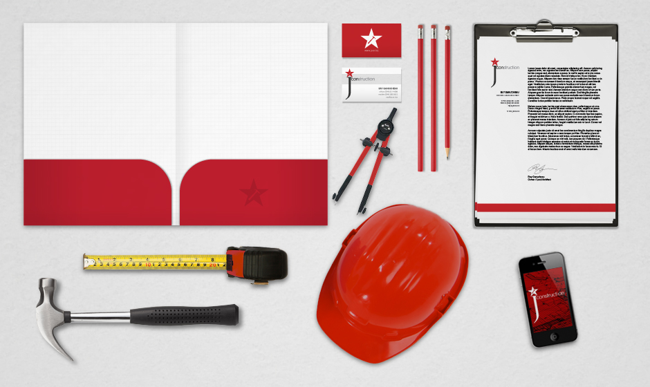 Jcon-construction-new-orleans-stationary-folder-hammer-ruler-helmet-iphone-compas-business-cards-pencils-logo