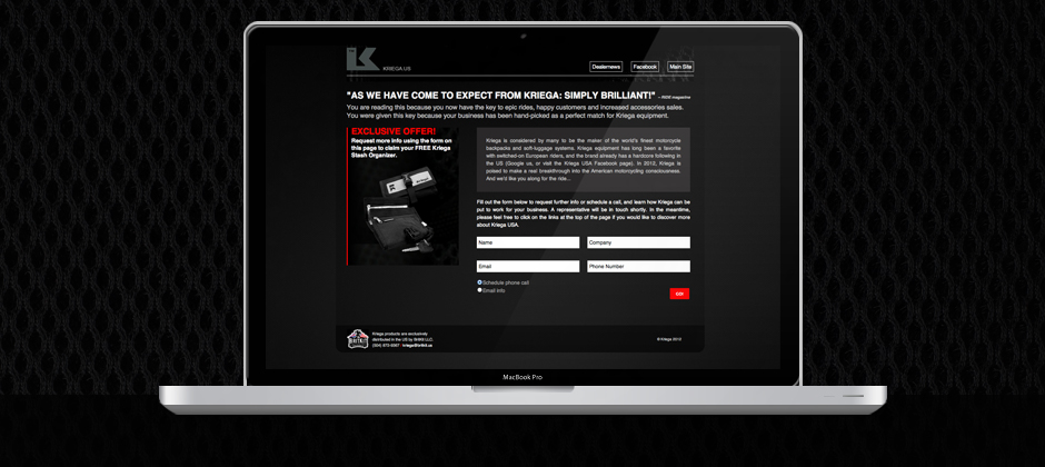 Kriega-micro-website-design-exclusive-offer-contact-form