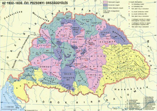 023-Terkep_az_1832-36_evi_pozsonyi_orszaggyulesrol.jpg - Trkp az 1832-1836. vi pozsonyi orszggylsen rszt vev vrmegyk kvetutastsainak halad vagy maradi jellegrl.