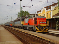 No. M47 1236 diesel locomotive and No. V43 1041 electric locomotive with No. 5132 train at Szerencs station, Hungary, 08.05.2007.