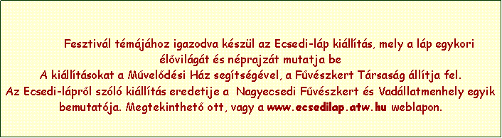 Szvegdoboz:              Fesztivl tmjhoz igazodva kszl az Ecsedi-lp killts, mely a lp egykori lvilgt s nprajzt mutatja be A killtsokat a Mveldsi Hz segtsgvel, a Fvszkert Trsasg lltja fel.Az Ecsedi-lprl szl killts eredetije a  Nagyecsedi Fvszkert s Vadllatmenhely egyik bemutatja. Megtekinthet ott, vagy a www.ecsedilap.atw.hu weblapon.