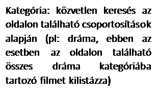 Szövegdoboz: Kategória: közvetlen keresés az oldalon található csoportosítások alapján (pl: dráma, ebben az esetben az oldalon található összes dráma kategóriába tartozó filmet kilistázza)