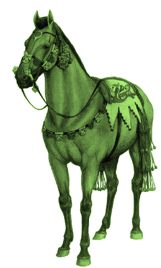 Lszerszmzat rekonstrukcija a paziriki leletek alapjn / Rekonstruktion des Pferdes mit dem Geschirr von Pazyrik / Reconstruction of horse with harness of Pazyryk