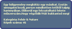 Egy hlgyemny megktz egy msikat. Ezutn
  simogatni kezdi, persze mindketten tet?t?l talpig
  harisnyban. El?kerl egy felcsatolhat fekete 
  m?szerszm.Hogy vgz?dik?Ht kukkantsd meg!

  Kategria: Fehr & Nature
  Kpek szma: 46