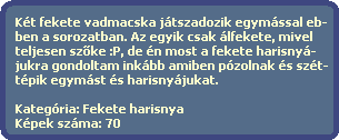 Kt fekete vadmacska jtszadozik egymssal eb-
  ben a sorozatban. Az egyik csak lfekete, mivel 
  teljesen sz?ke :P, de n most a fekete harisny-
  jukra gondoltam inkbb amiben pzolnak s szt-
  tpik egymst s harisnyjukat.

  Kategria: Fekete harisnya
  Kpek szma: 70