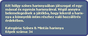 Kt hlgy sznes harisnyaban jtszogat el egy-
  mssal s egyms harisnyival. Vgl annyira
  belemelegednek a jtkba, hogy lekerl a haris-
  nya a knnyebb intim rszhez val hozzfrs
  rdekben.

  Kategria: Sznes & Mints harisnya
  Kpek szma: 34