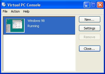 A Virtual PC főablaka, egyetlen virtuális gépünk éppen fut