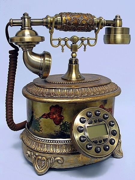 R60_Antik telefon 25*28cm 2,48 kg fémberakás, színes virágdekor, nyomógombos, quartz kijelzővel reprodukció_másolat