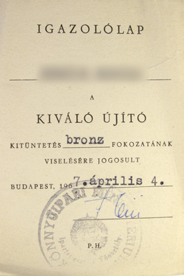 Kiváló Újító igazoló