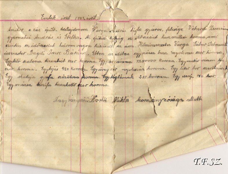Radno GYuri hazanak 2011 evben bontasa soran taltalt mesterlevel 1923bol.jpg - A Rkczi-Szabadsg utca sarkn lv? lakplet bontsa sorn 2011 vben tallt mesterlevl