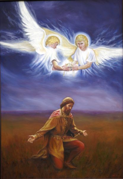 A korona megjelenik Szent L�szl�nak, 70x100cm, olaj, v�szon, 2006.