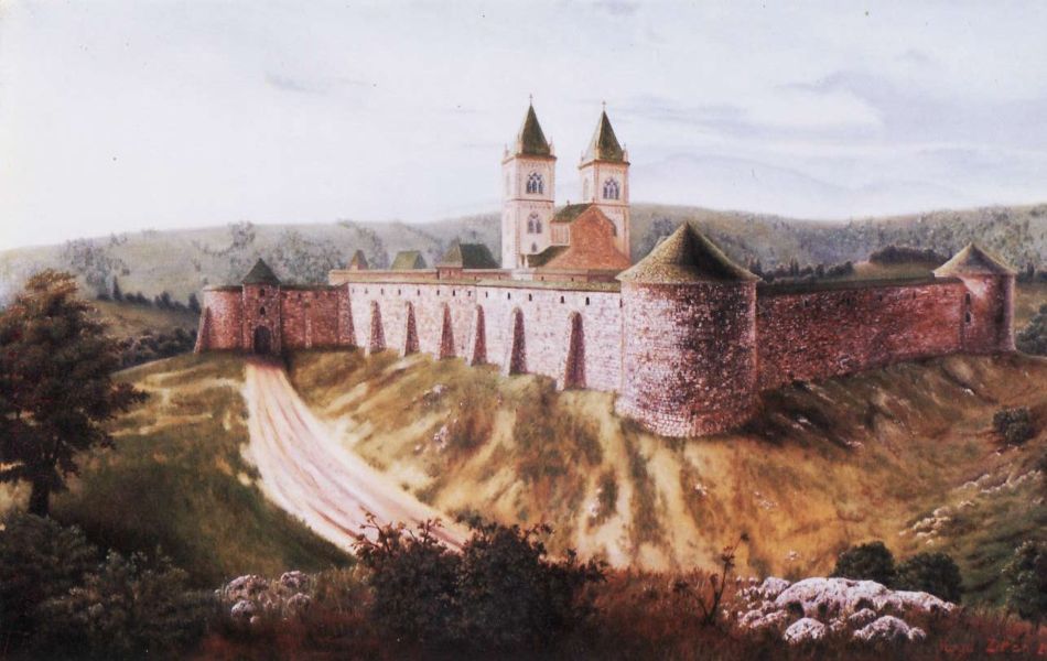 A visegr�di fellegv�r a hegyek fel�l, 70x50cm, olaj, v�szon, 2002.