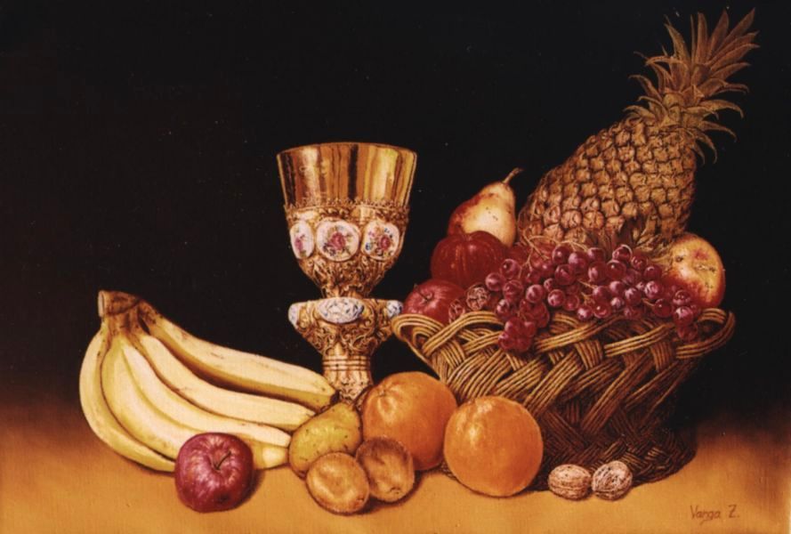 Gy�m�lcs�skos�r boroskehellyel, 70x50cm, olaj, v�szon, 2004.