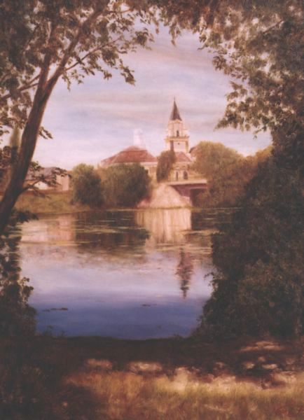 A v�rosh�za a Beretty� fel�l, 30x40cm, olaj, farost, 2005.