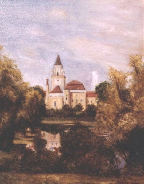 A v�rosh�za a Beretty� fel�l III., 25x20cm, olaj, farost, 2005.