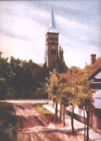 Az �jv�rosi templom a XIII. �t fel�l, 27x20cm, olaj, farost, 2005.