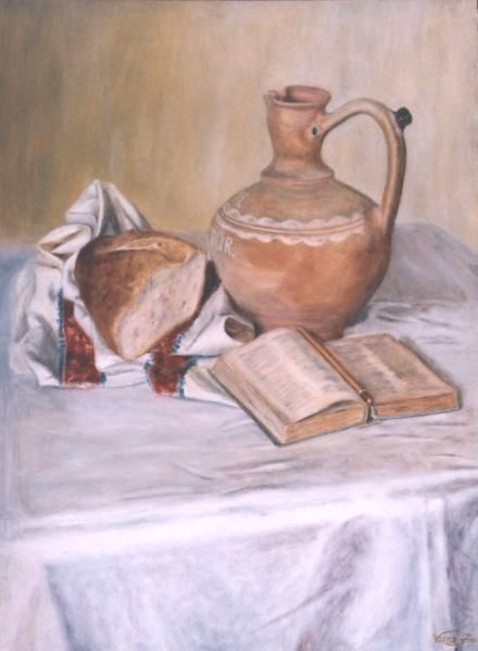 Nem csak v�zzel �s keny�rrel �l az ember, 63x47cm, olaj, farost, 2006.