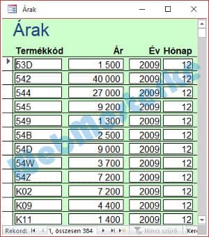 Az elkészült Árak űrlap