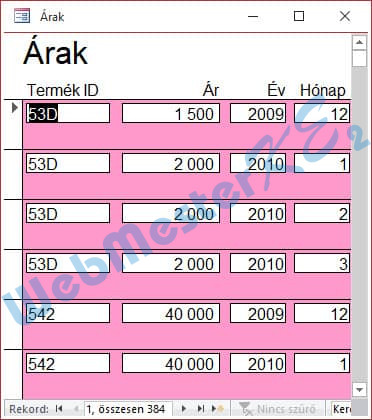 Az elkészült Árak űrlap